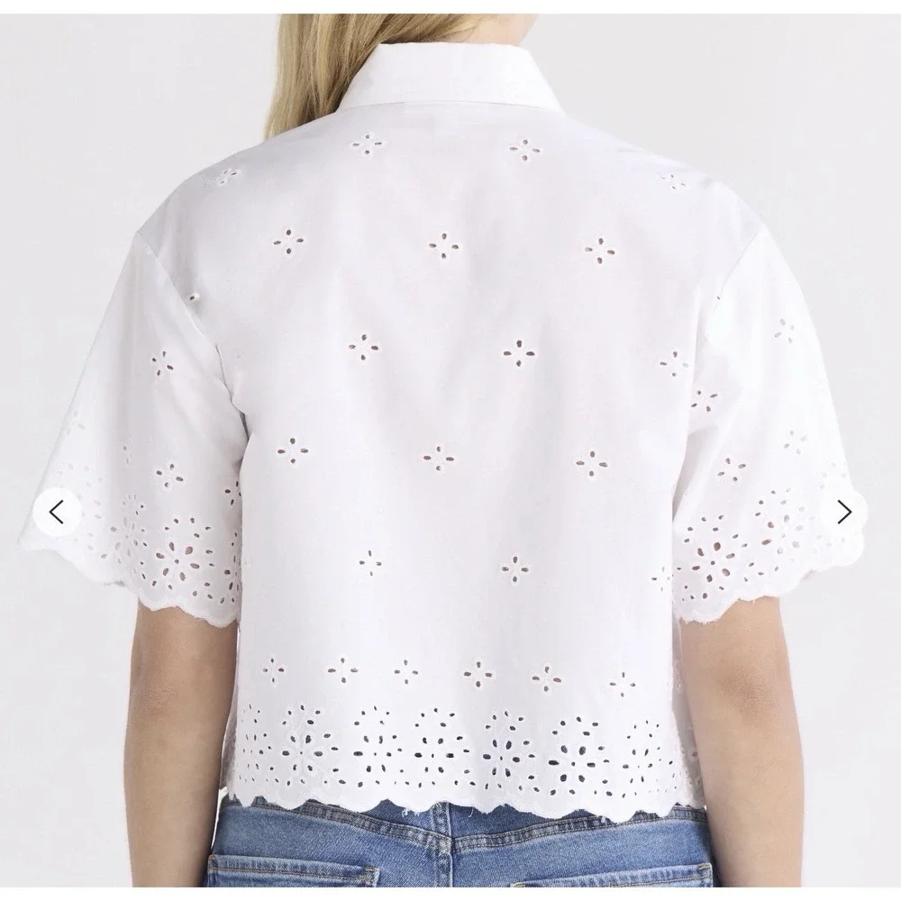 Free Assembly Women's Small Cropped Cotton Eyelet Shirt  NWT - Picture 2 of 11